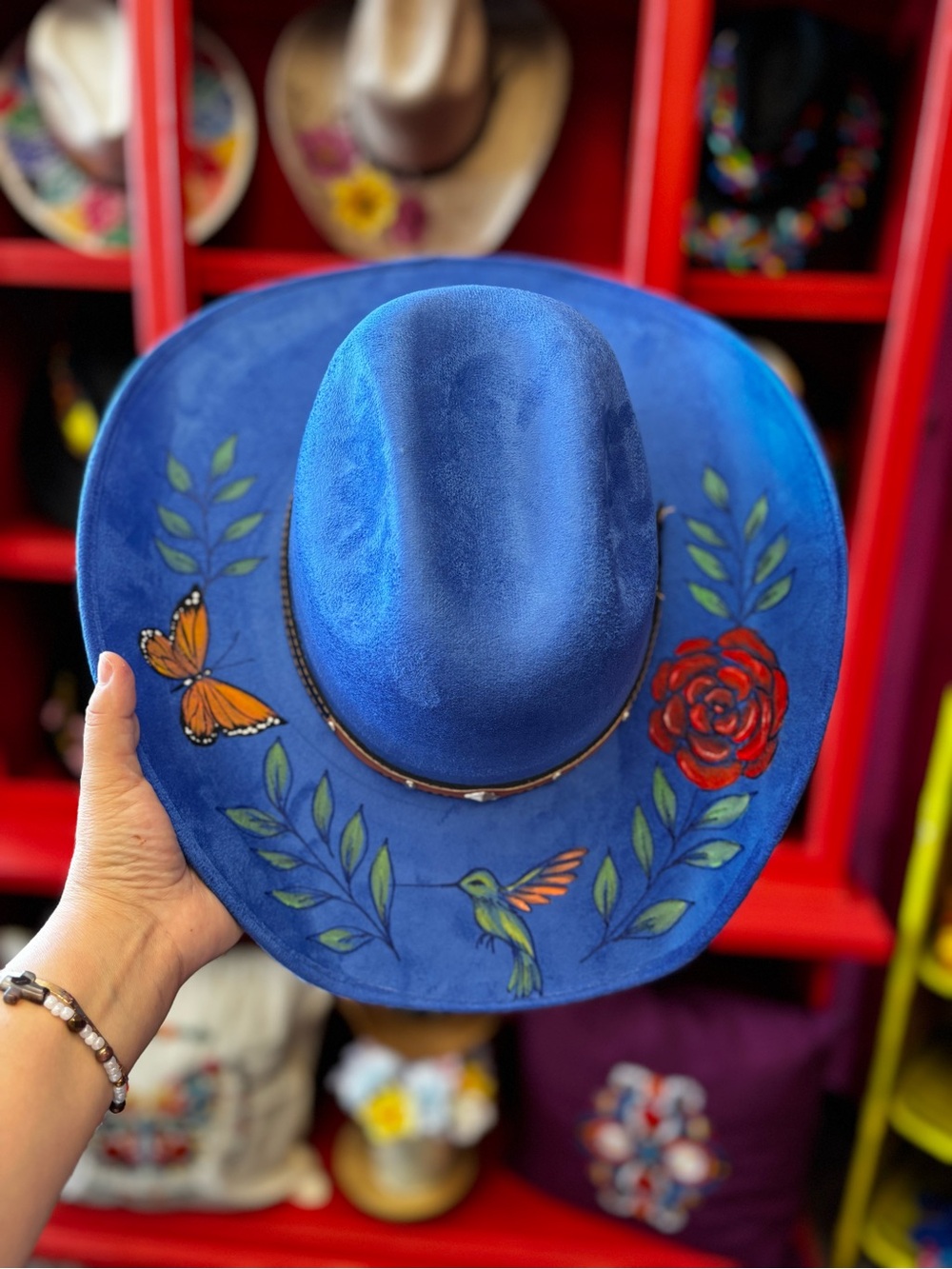 Women's Blue Hand-Painted Cowboy Hat with Floral & Butterfly Motif